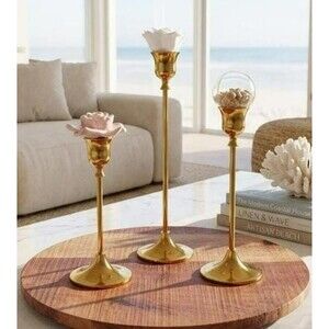 3 Gold Candlestick Holders Removable Rose & Pebble Toppers Coastal Decor